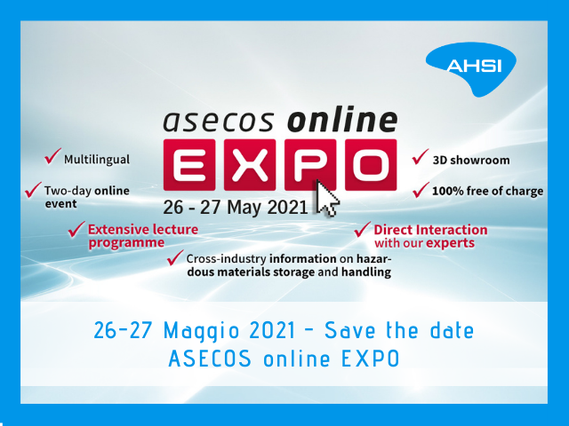 Asecos online expo 2021 AHSI media partner stoccaggio gestione materiali pericolosi